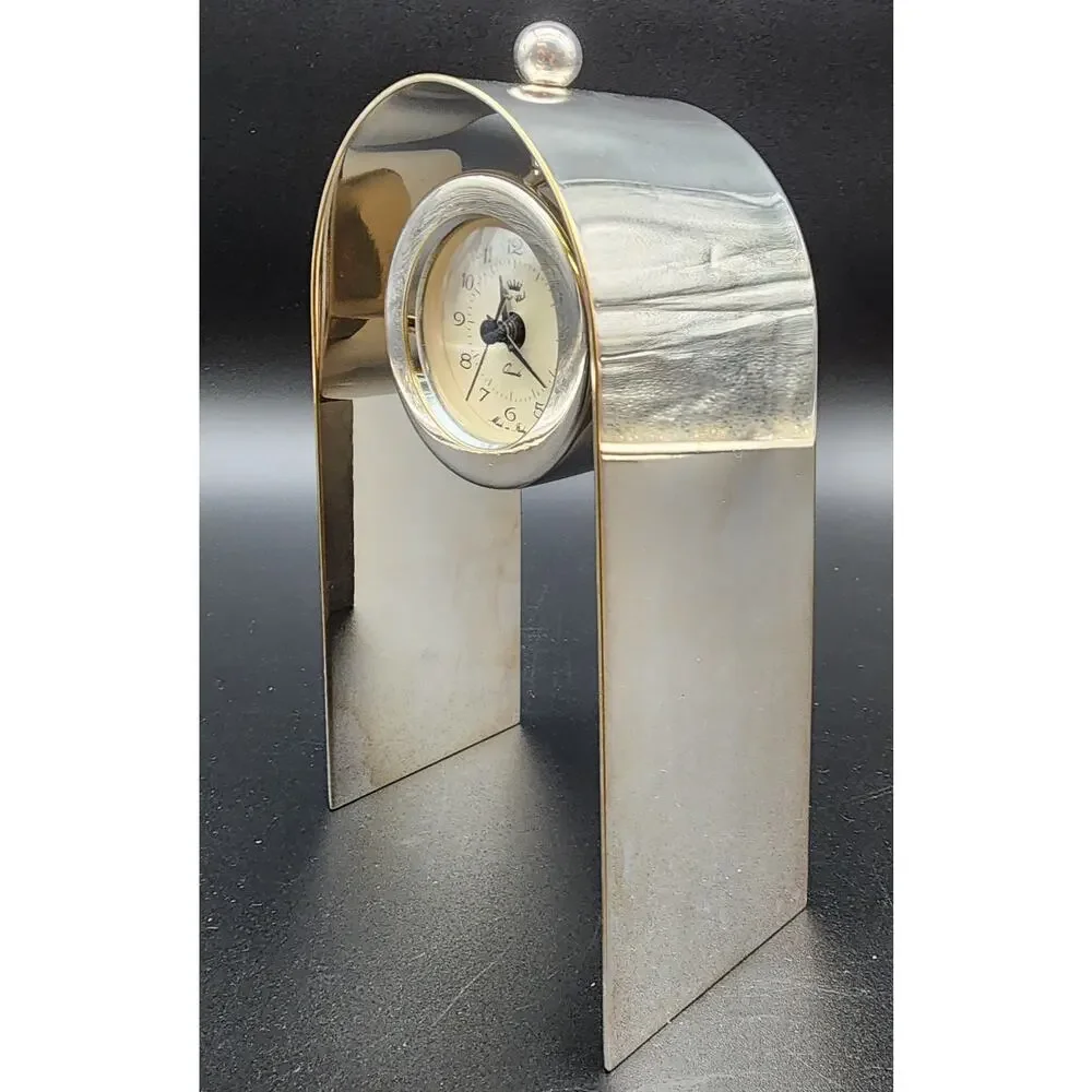 Vintage Italian Brass Arch Desk Clock – Quartz, Sculptural Design, Works Perfect